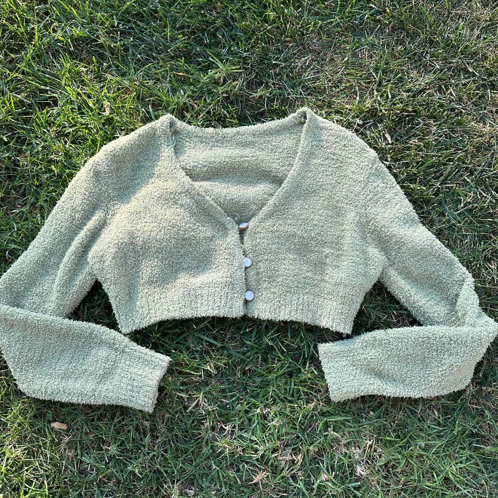 Fuzzy Green Cropped Cardigan